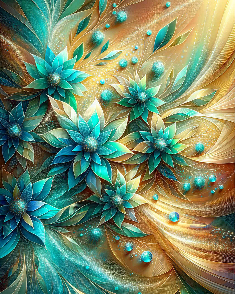 Leinwandbild „Dream Land“ – Abstrakte Blumen In Türkis & Gold, 61x61 Cm, Fertig Zum Aufhängen