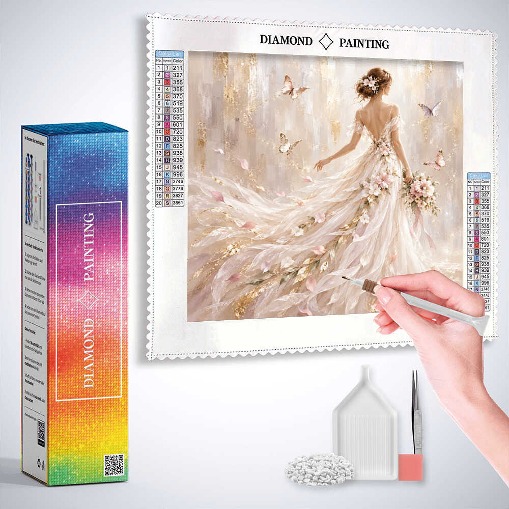 Diamond Painting - Frau mit weißem Kleid, Schmetterlinge und Blumen