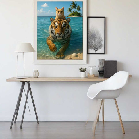 Diamond Painting - Katze schwimmt auf Tiger durchs Meer