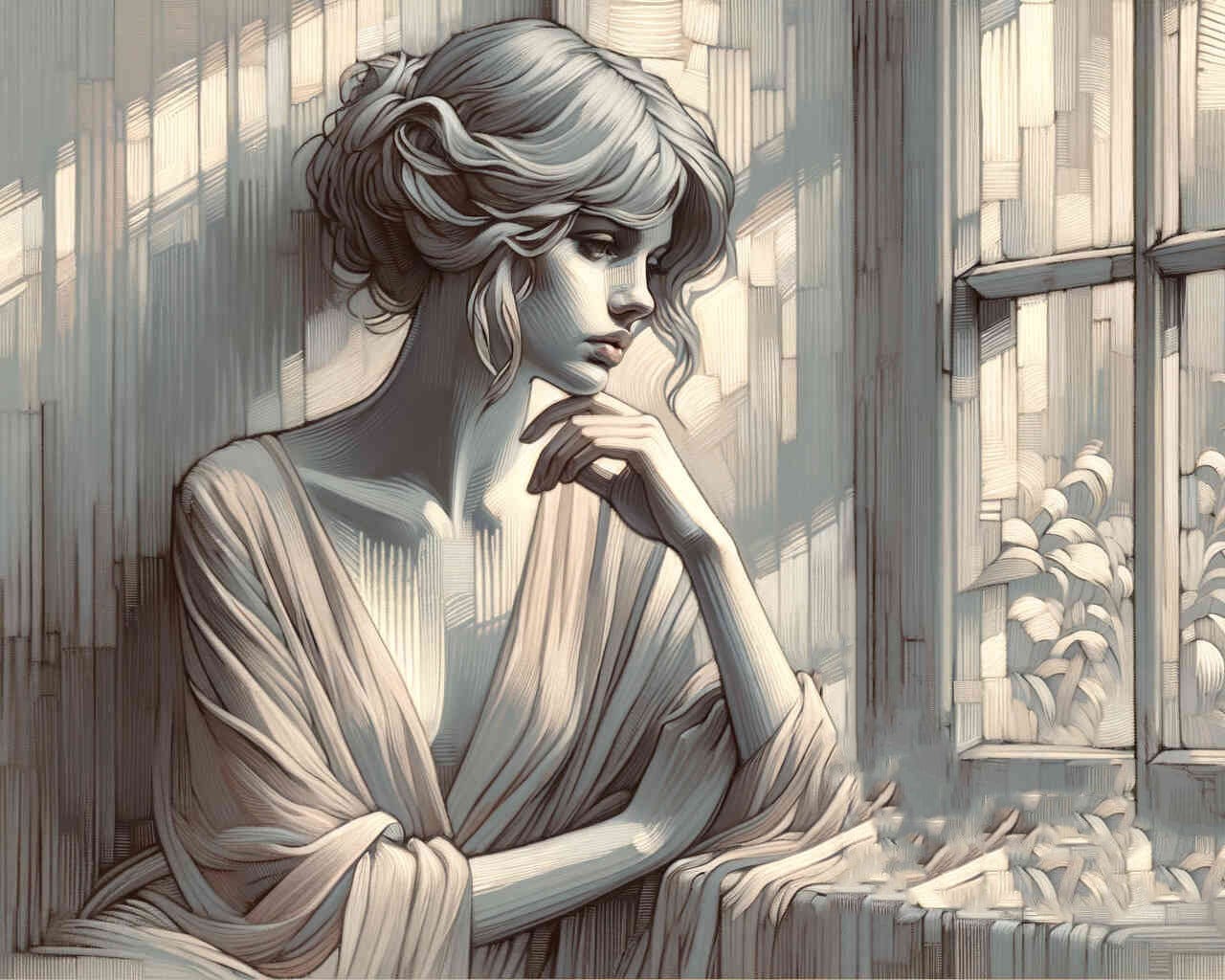 Thinking of you: Frau blickt aus Fenster