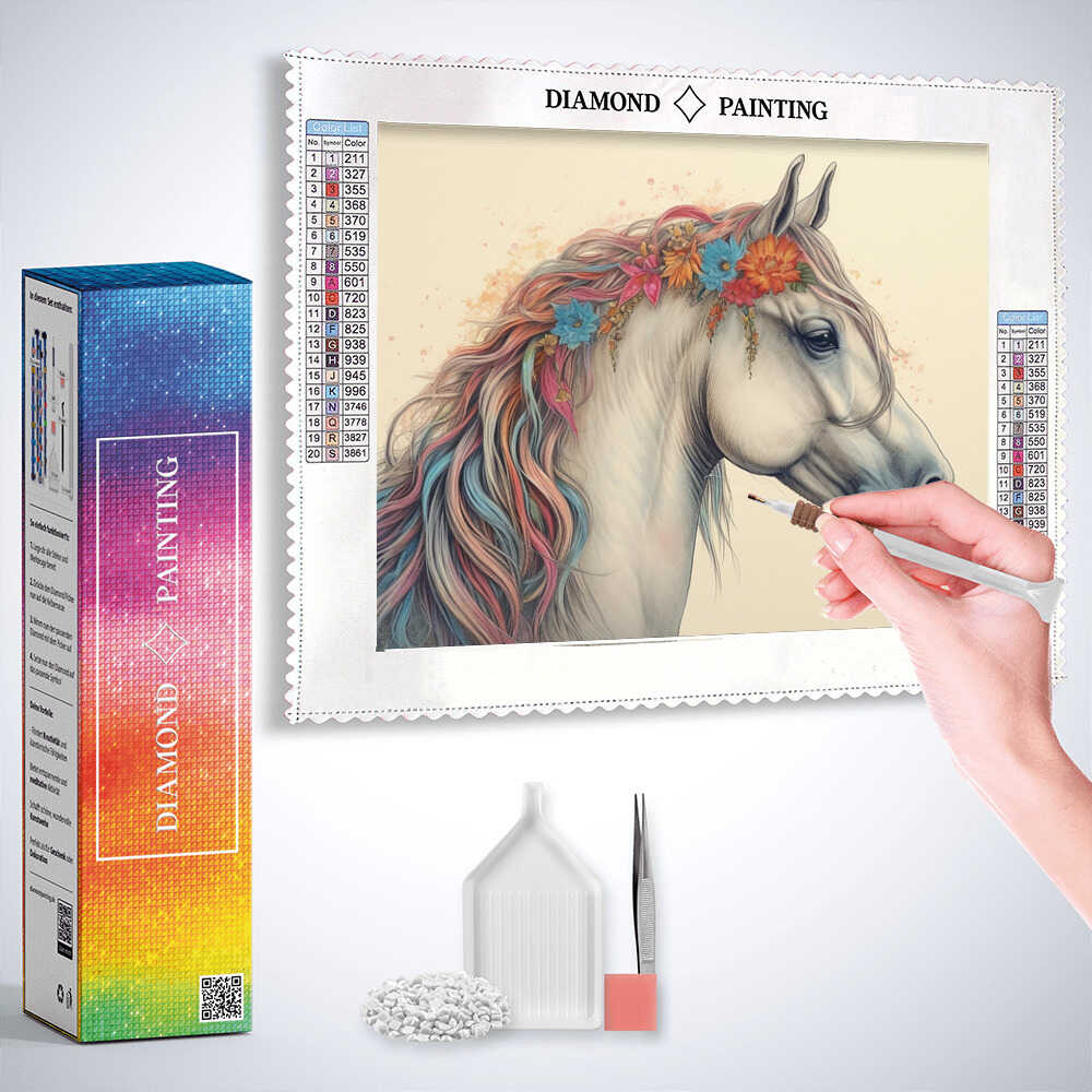 Diamond Painting - Florale Eleganz im Wind, Weißes Pferd