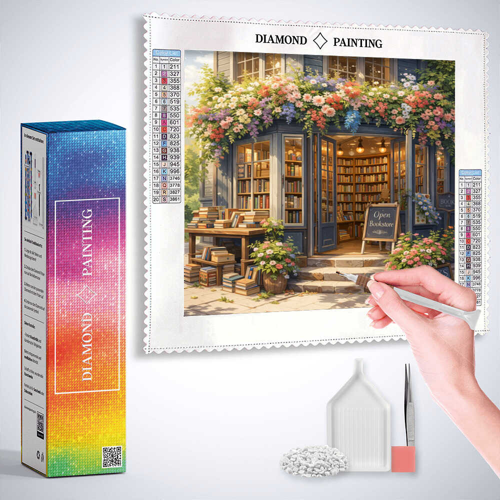 Diamond Painting - Das Bücherparadies im Blütenschein
