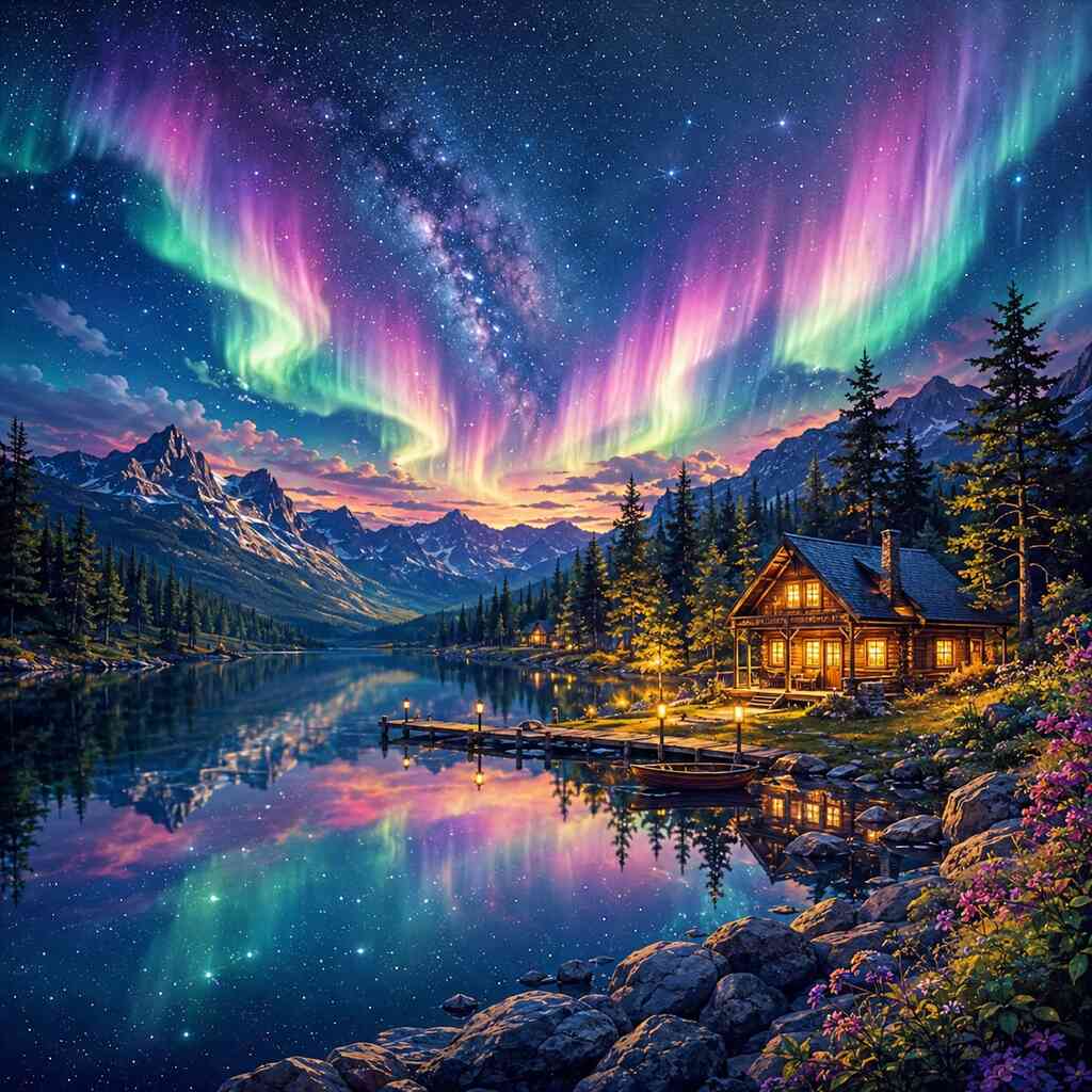 Diamond Painting - Magische Nordlichter über dem See