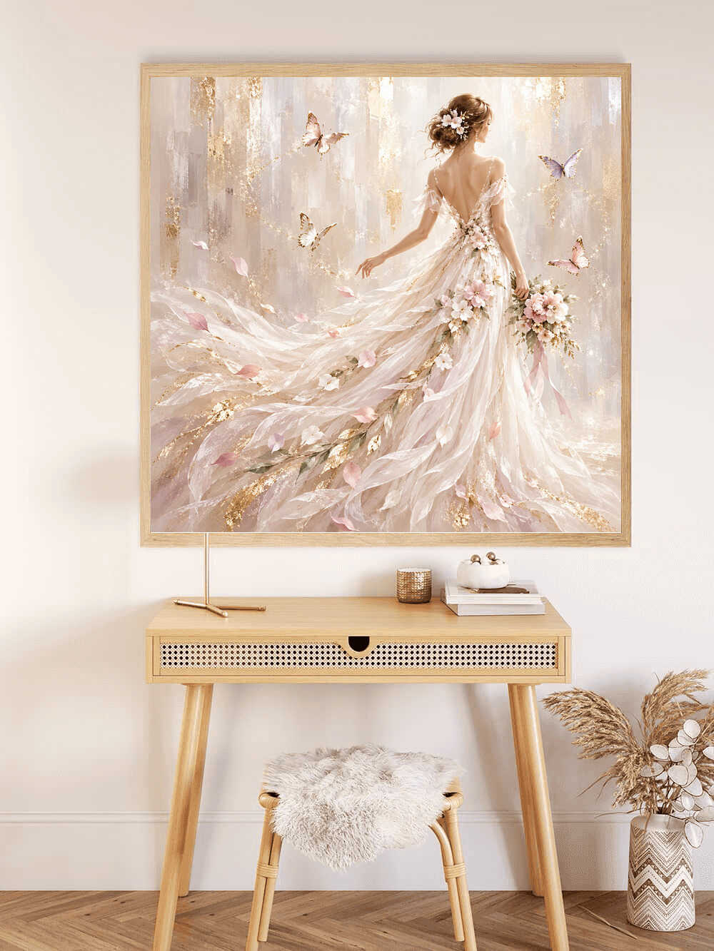 Diamond Painting - Frau mit weißem Kleid, Schmetterlinge und Blumen