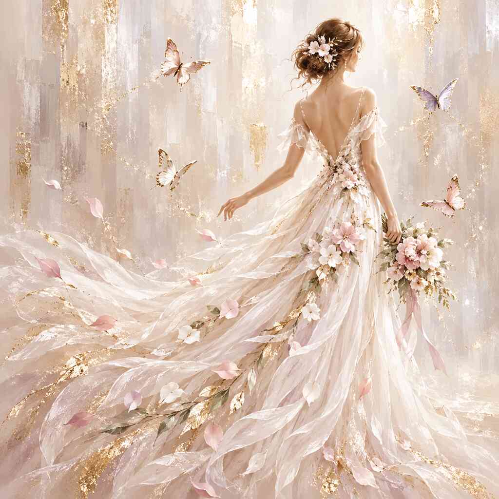 Diamond Painting - Frau mit weißem Kleid, Schmetterlinge und Blumen