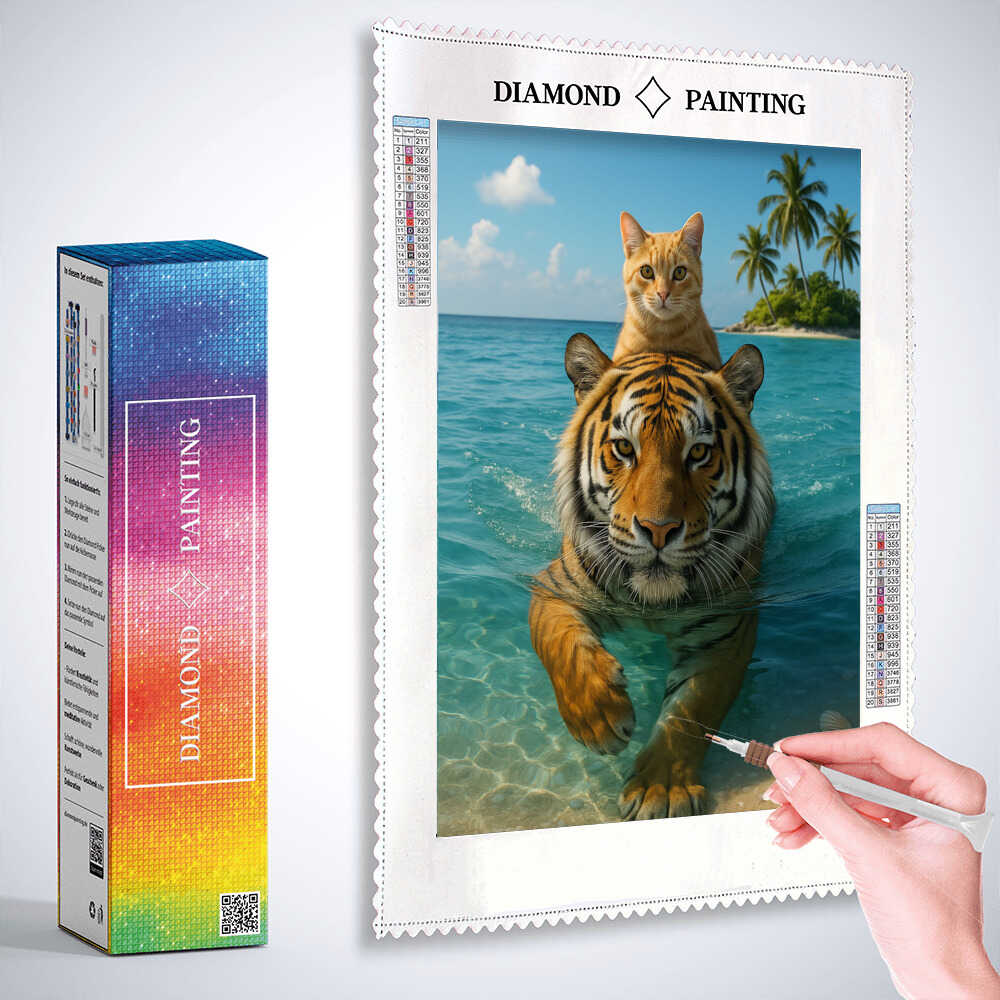 Diamond Painting - Katze schwimmt auf Tiger durchs Meer