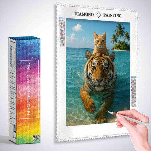 Diamond Painting - Katze schwimmt auf Tiger durchs Meer