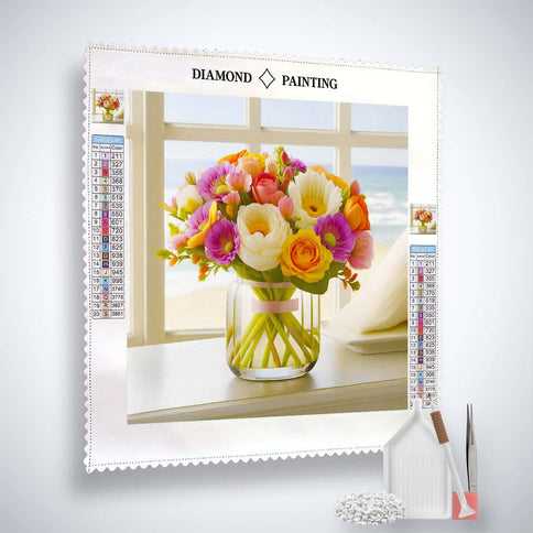 Diamond Painting - Blumengesteck am Strand - gedruckt in Ultra-HD - Blumen, Meer, Neu eingetroffen, Quadratisch, Strand