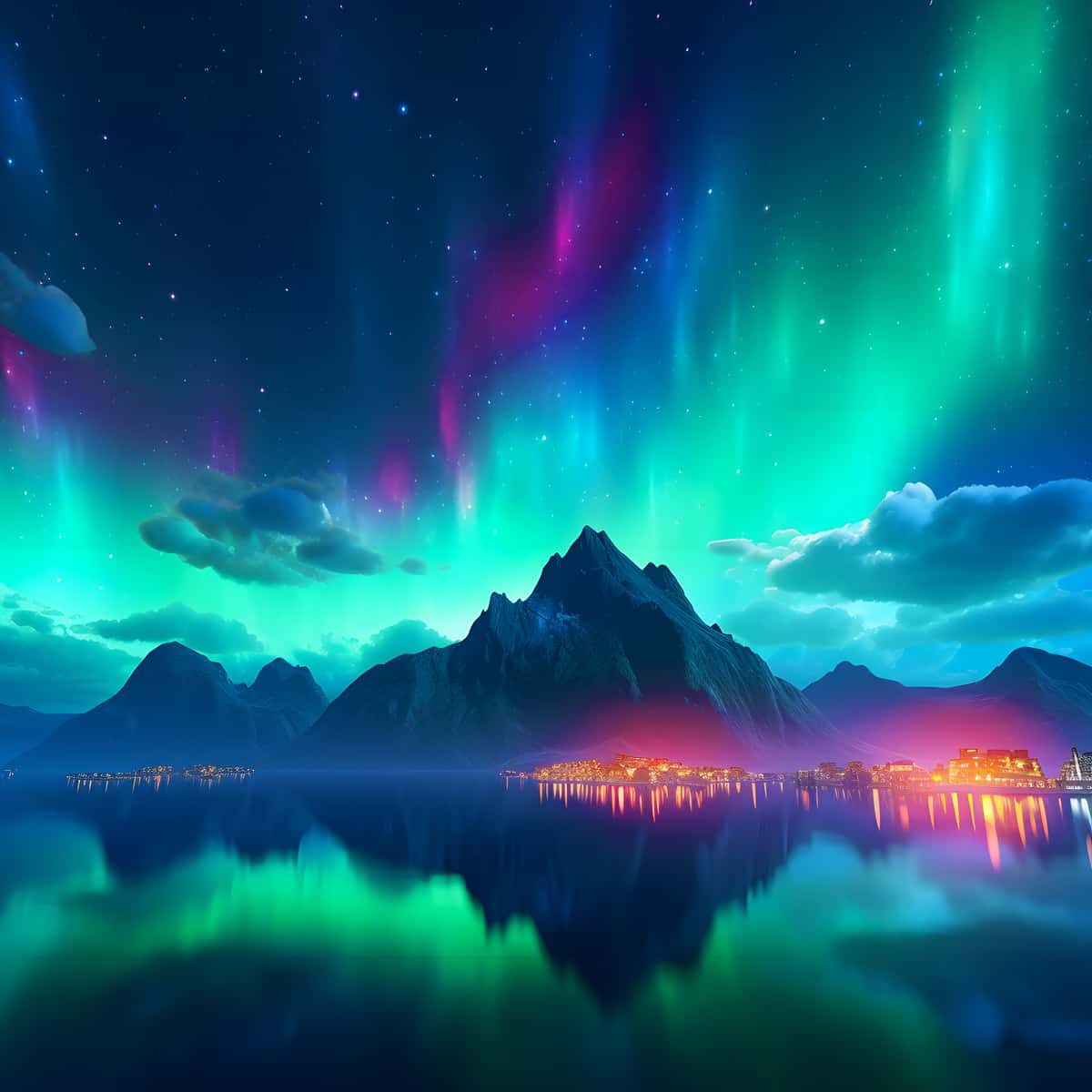 Malen nach Zahlen - Polarlichter mit leuchtender Stadt - hochwertige Leinwand - Aurora Borialis, Neu eingetroffen, Polarlichter, PolarlichterNeu eingetroffen, Quadratisch