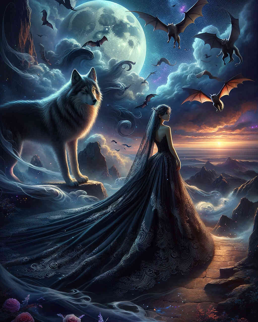 Diamond Painting - Wolf mit Frau in schwarz