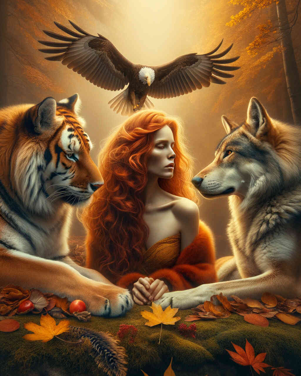 Diamond Painting - Frau mit Tiger Wolf und Löwe