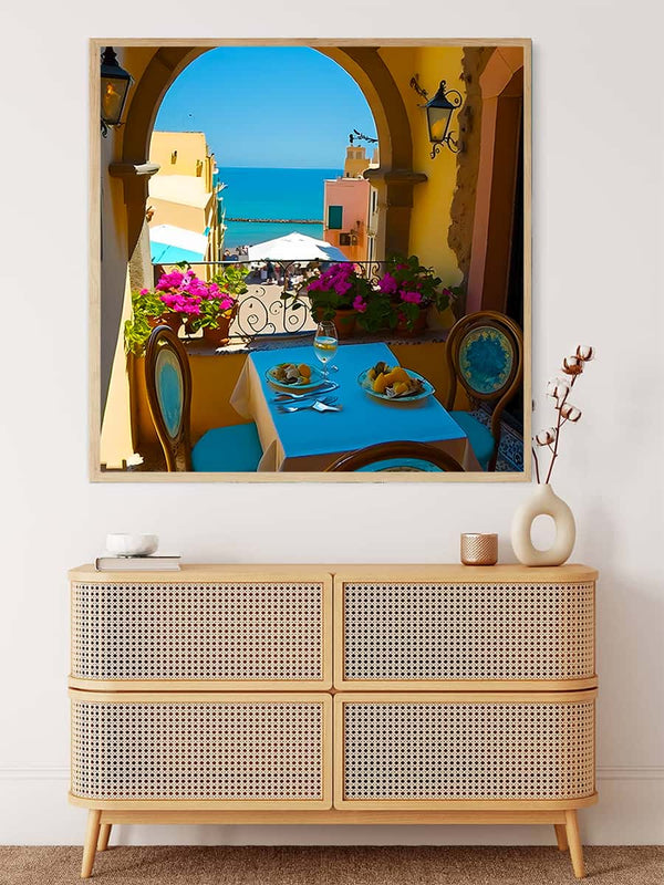 Malen nach Zahlen - Gemütliches Frühstück am Meer - hochwertige Leinwand - 170523, Küche, Landschaft, Meer, Neu eingetroffen, Quadratisch