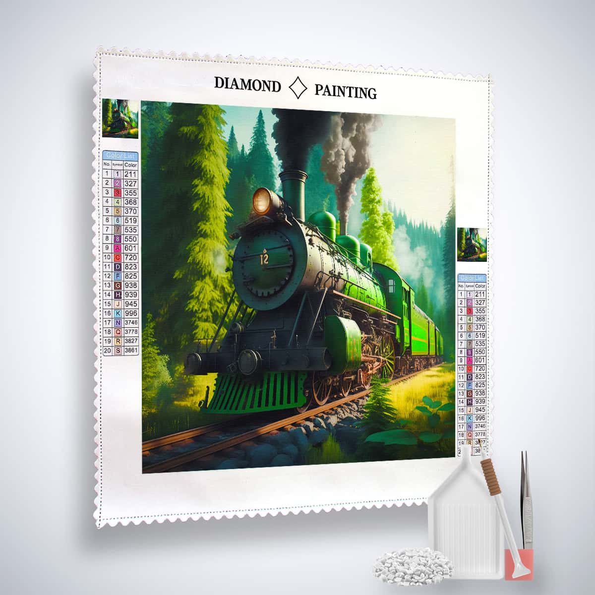 Diamond Painting - Grüner Zug im Wald - gedruckt in Ultra-HD - Neu eingetroffen, Quadratisch, Wald, Zug