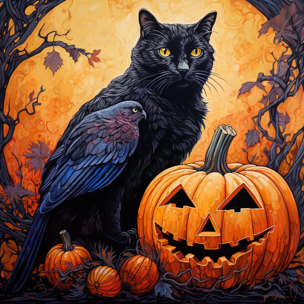Diamond Painting - Halloween Kürbis mit Krähe und Katze