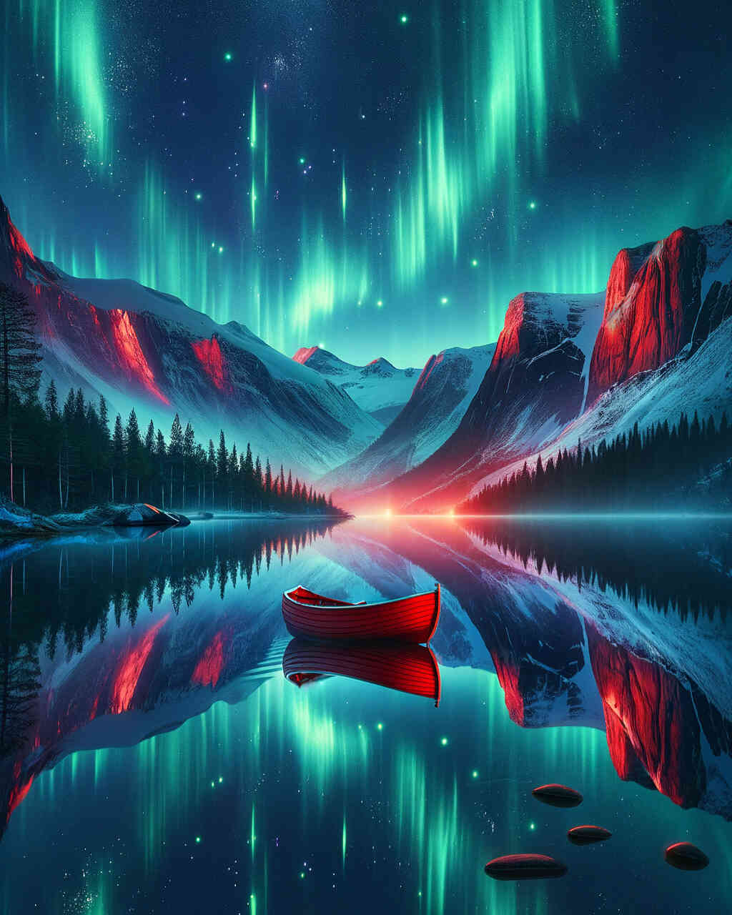 Diamond Painting - Polarlichter, Rotes Boot