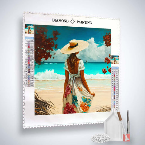 Diamond Painting - Frau mit Hut am Strand - gedruckt in Ultra-HD - Meer, Menschen, Neu eingetroffen, Quadratisch, Strand