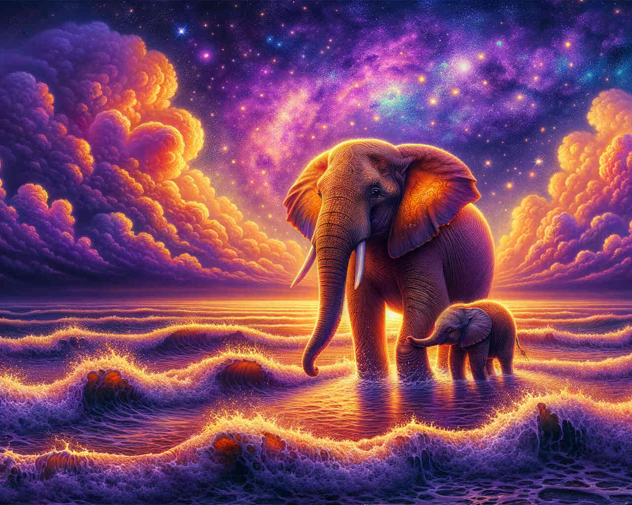 Diamond Painting - Elefant im Meer, Mutter mit Kind