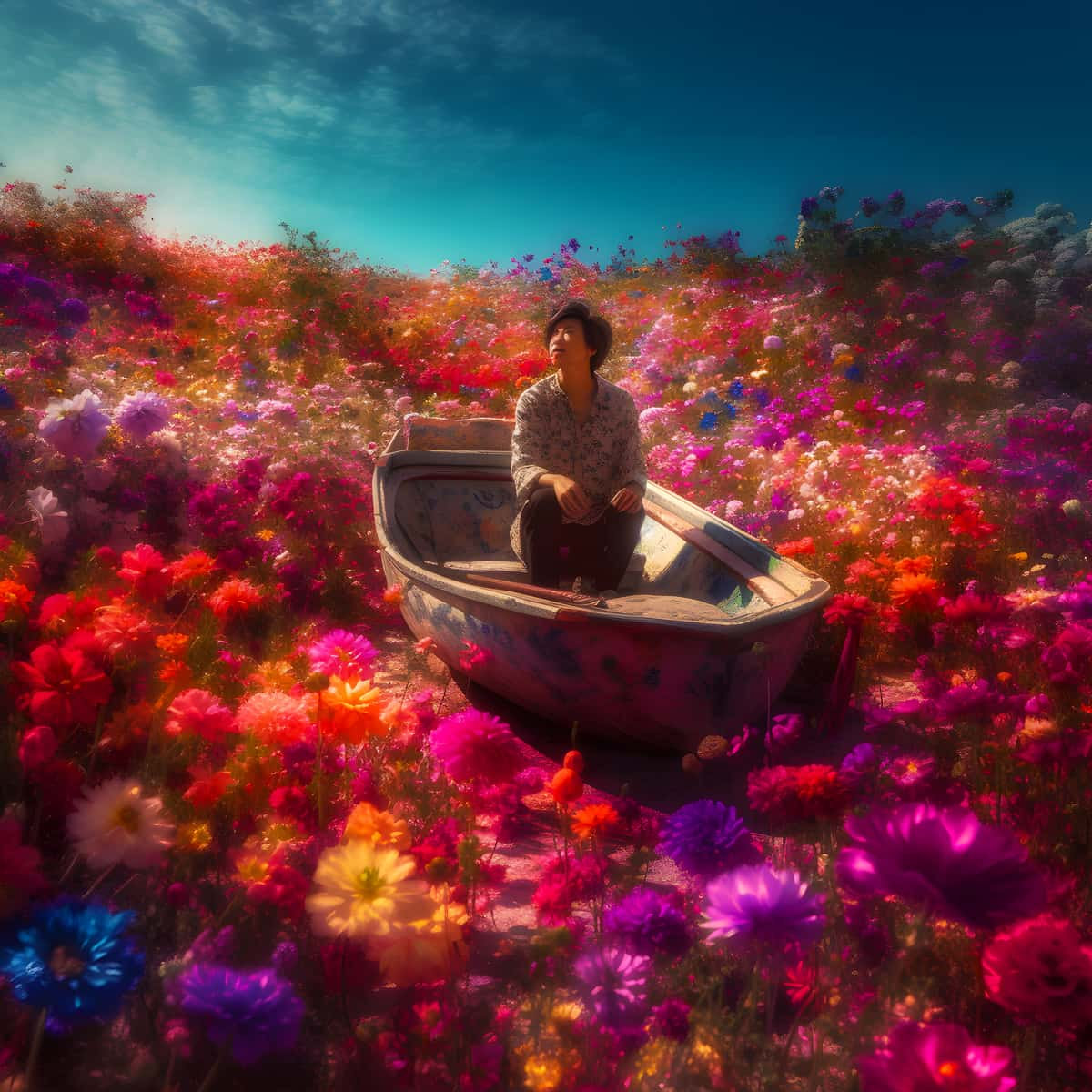 Malen nach Zahlen - Boot im Blumenfluss - hochwertige Leinwand - 170523, Blumen, Neu eingetroffen, Quadratisch, Schiff, Schiffe