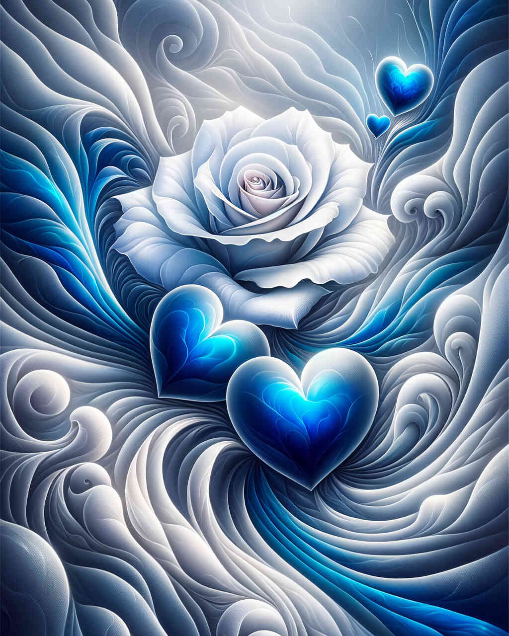 Diamond Painting - Weiße Rose, blaue Herzen