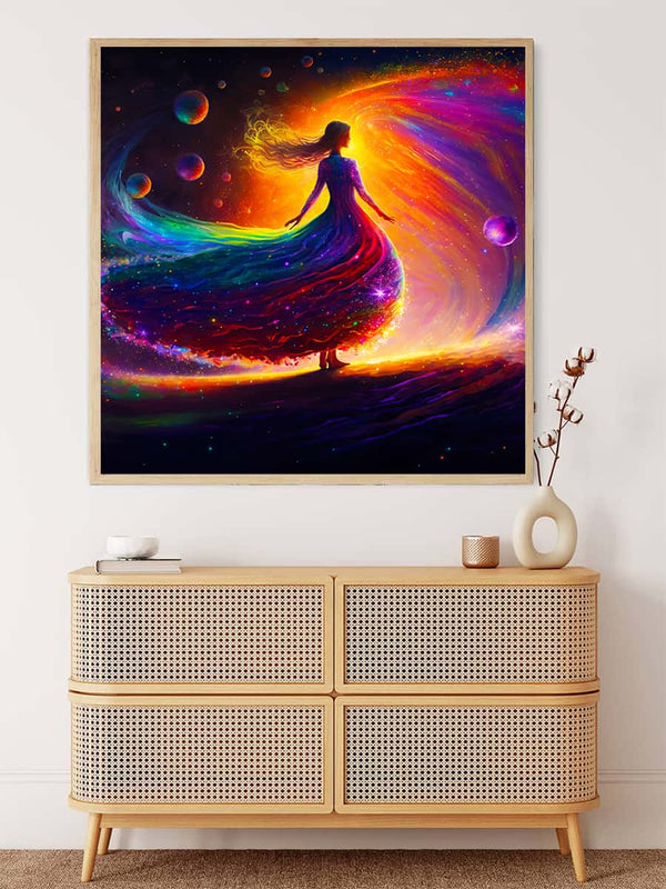 Malen nach Zahlen - Frau mit Neon Regenbogenkleid - hochwertige Leinwand - 170523, Menschen, Neu eingetroffen, Quadratisch