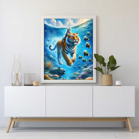 Diamond Painting - Katze schwimmt auf Tiger durchs Meer