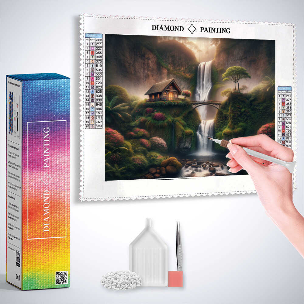 Diamond Painting - Wasserfall, Brücke zu Häuschen