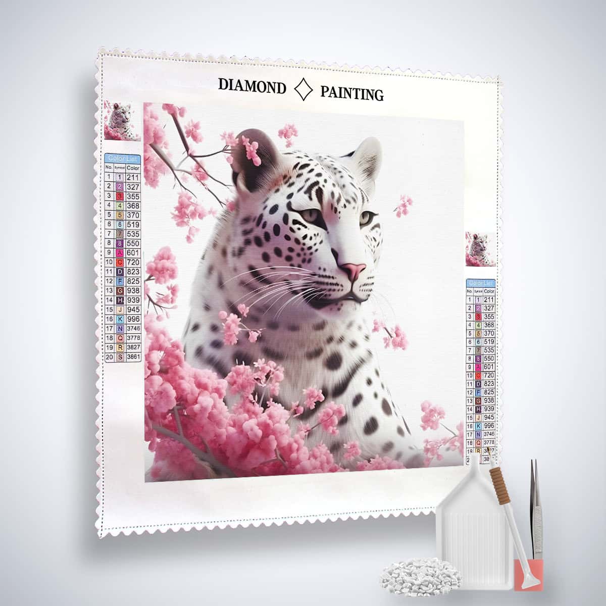 Diamond Painting - Schneeleopard mit Rosenblüten - gedruckt in Ultra-HD - Blumen, Leopard, Neu eingetroffen, Quadratisch, Tiere