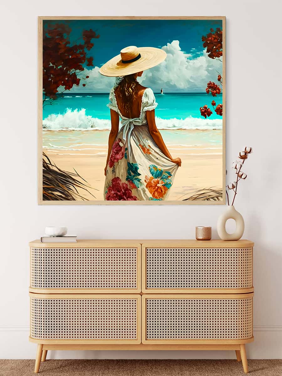 Diamond Painting - Frau mit Hut am Strand - gedruckt in Ultra-HD - Meer, Menschen, Neu eingetroffen, Quadratisch, Strand