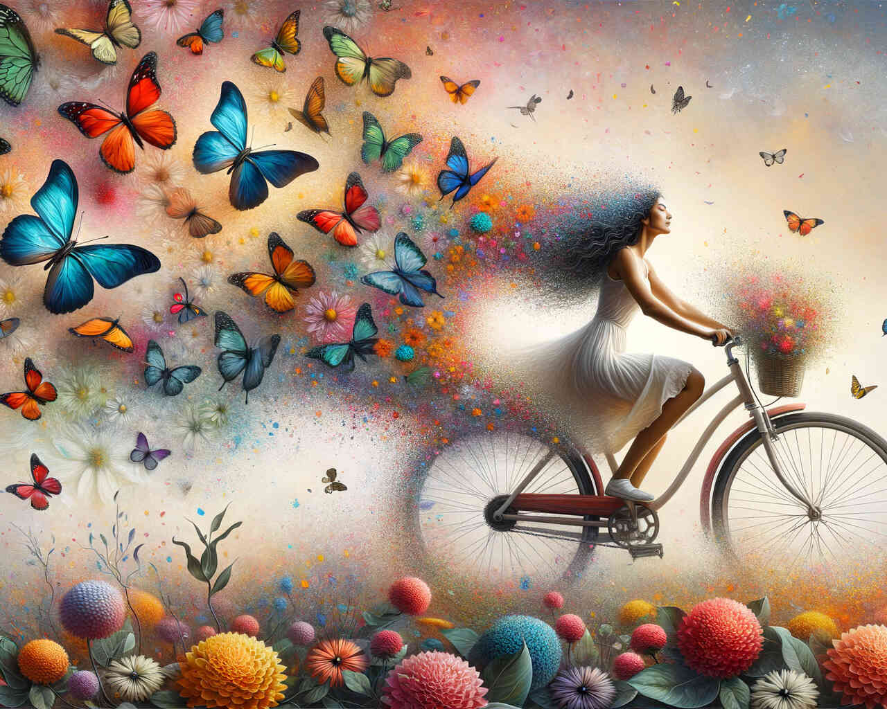 Radfahrende Frau mit Blüten und Schmetterlingen