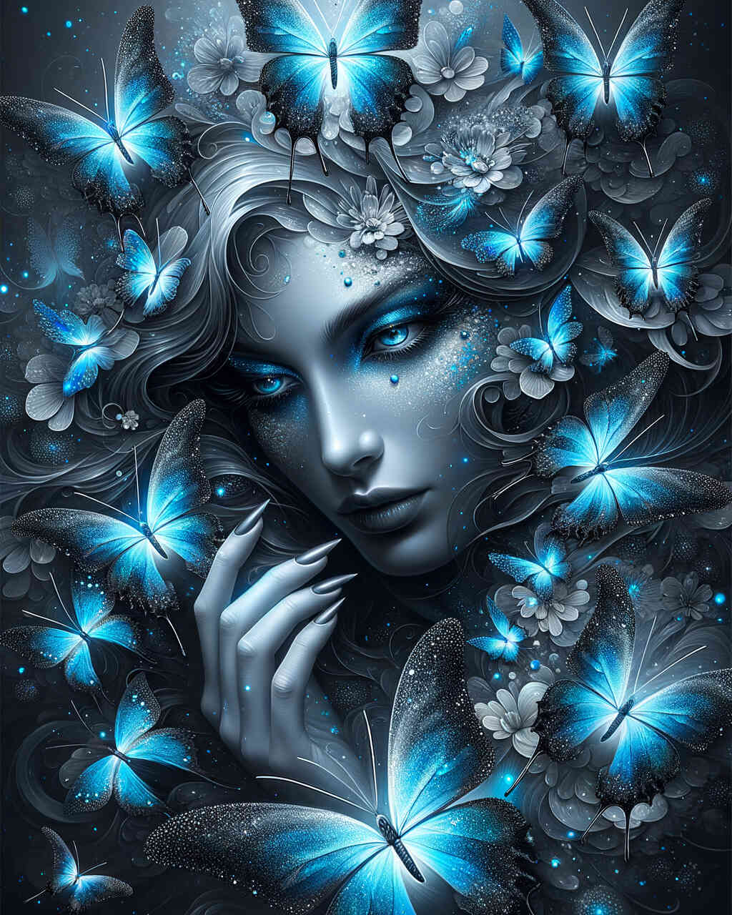Diamond Painting - Frau, blaue Schmetterlinge