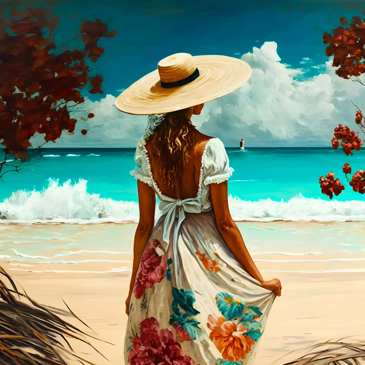 Diamond Painting - Frau mit Hut am Strand - gedruckt in Ultra-HD - Meer, Menschen, Neu eingetroffen, Quadratisch, Strand