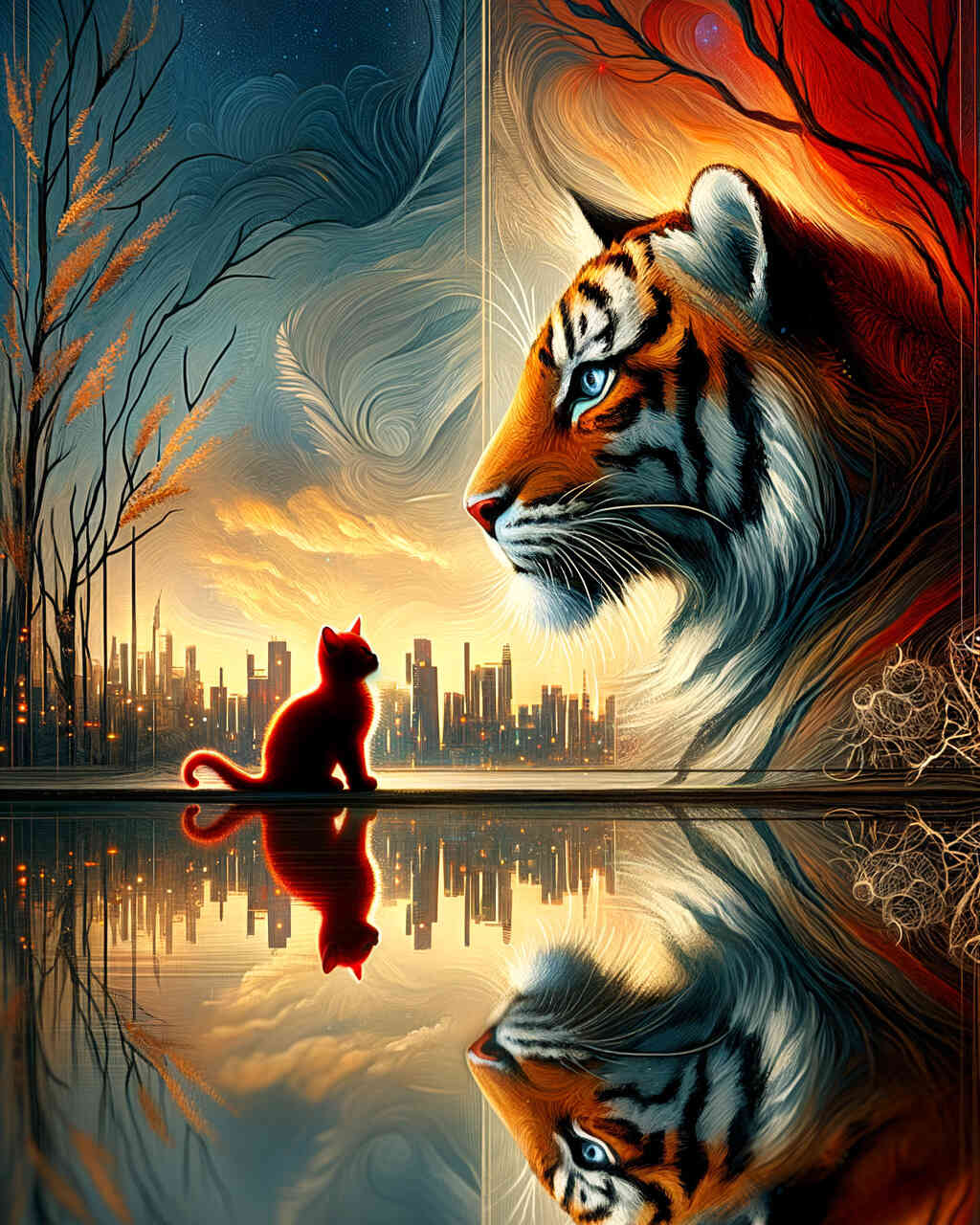Diamond Painting - Kleine rote Katze großer Tiger Spiegelbild