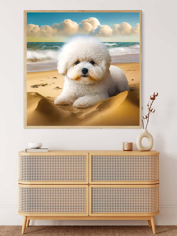 Malen nach Zahlen - Süßer Hund am Strand - hochwertige Leinwand - 170523, Hund, Neu eingetroffen, Quadratisch, Stand, Tiere