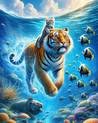Diamond Painting - Katze schwimmt auf Tiger durchs Meer