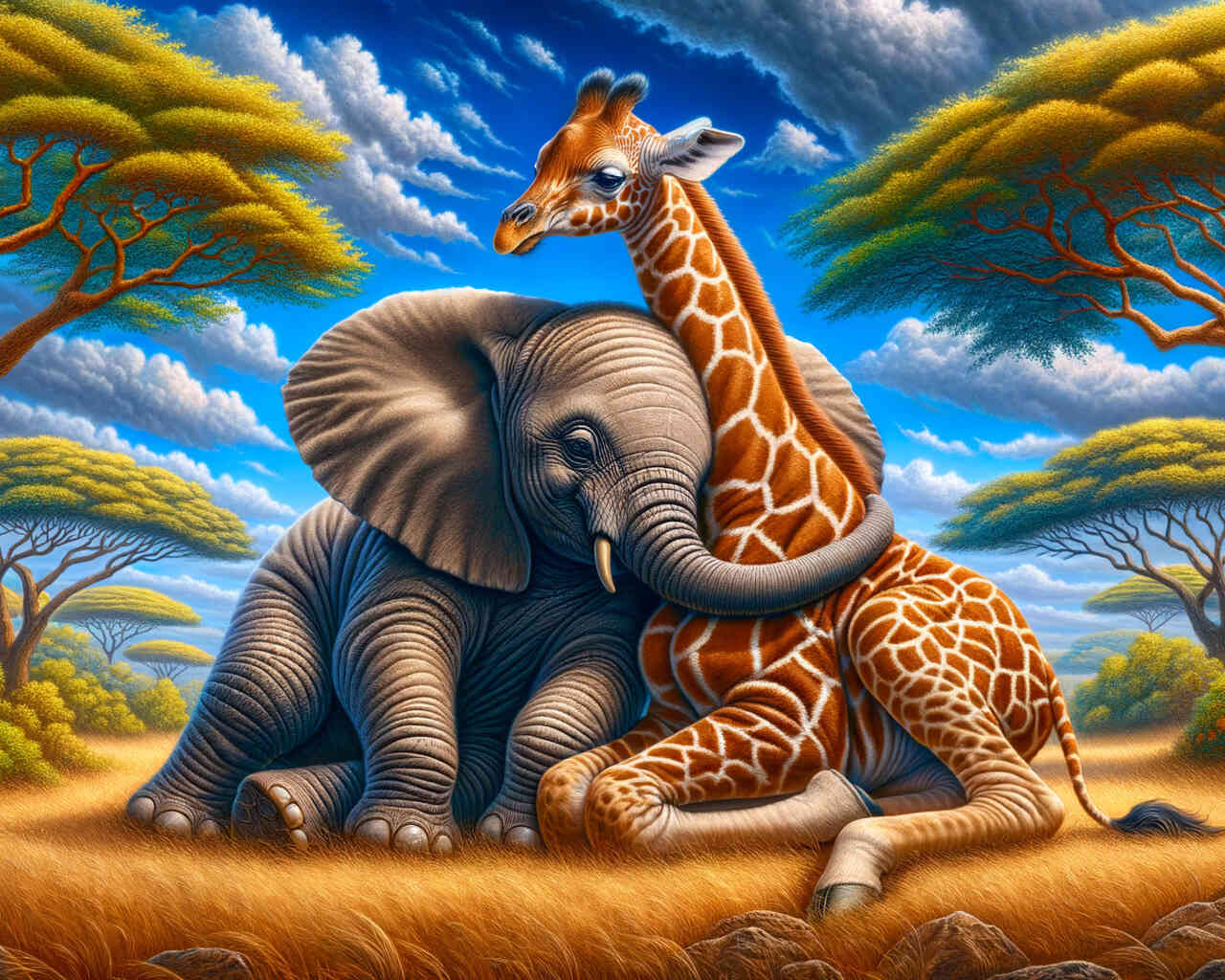 Elefanten- und Giraffenbaby sind beste Freunde