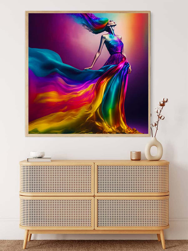 Malen nach Zahlen - Frau mit Regenbogenkleid im Licht - hochwertige Leinwand - 170523, Menschen, Neu eingetroffen, Quadratisch