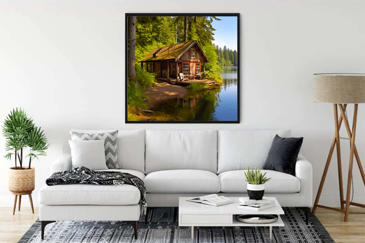 Diamond Painting - Haus am Seeufer - gedruckt in Ultra-HD - fluss, landschaft, Neu eingetroffen, Quadratisch, wald