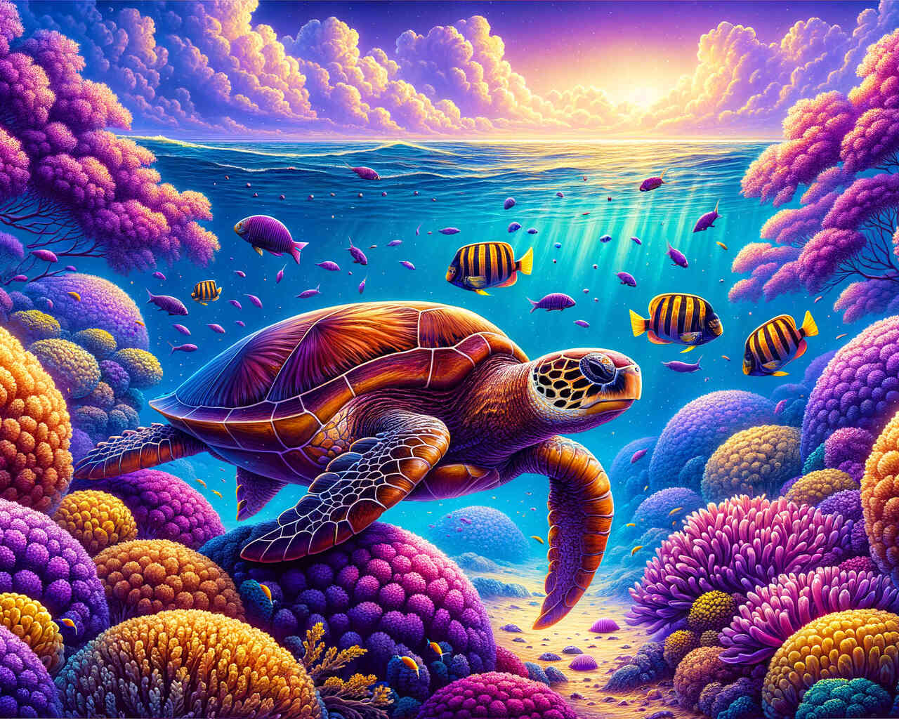Diamond Painting - Schildkröte in Lila Korallen