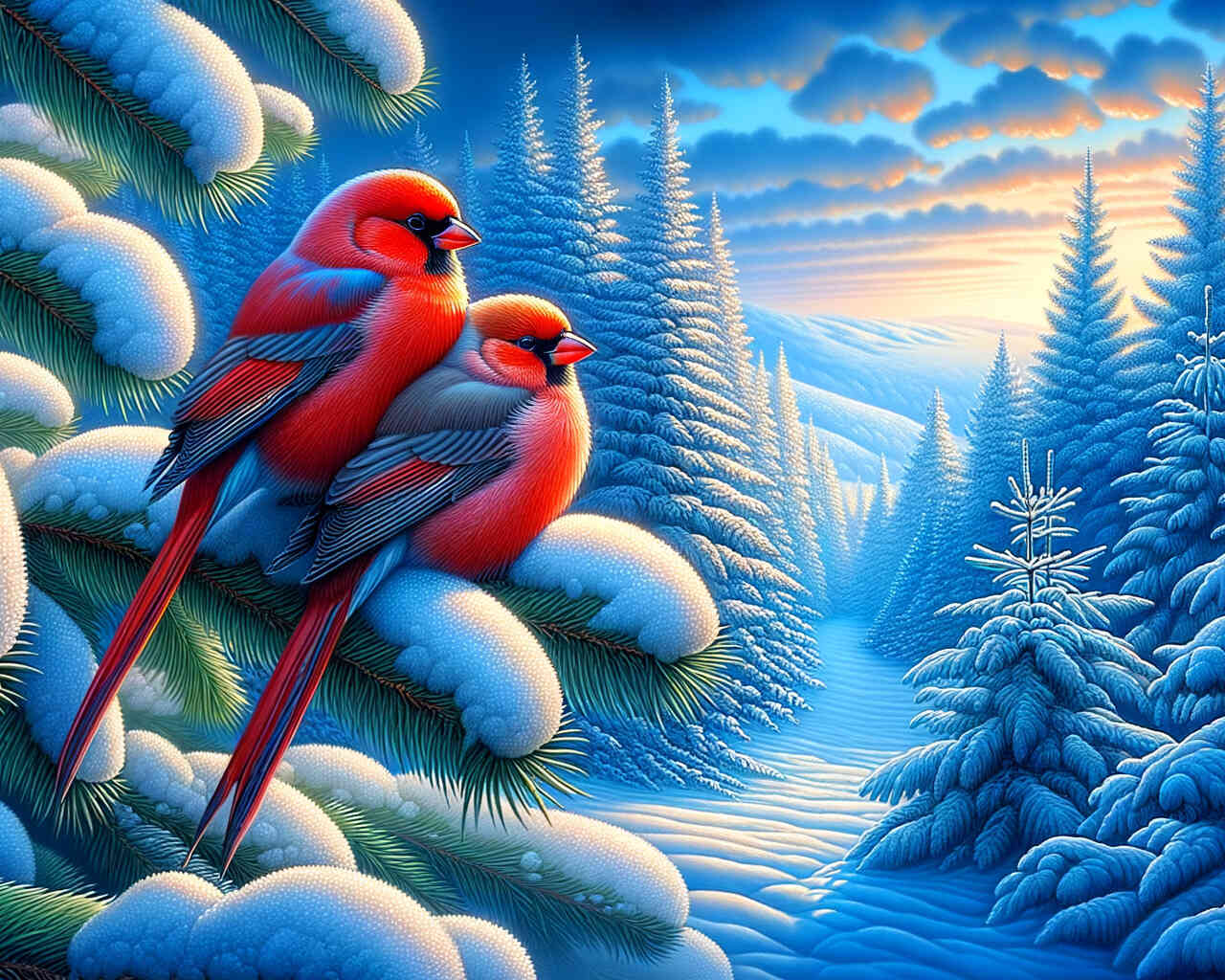 Diamond Painting - Vögel auf Tanne, Winter