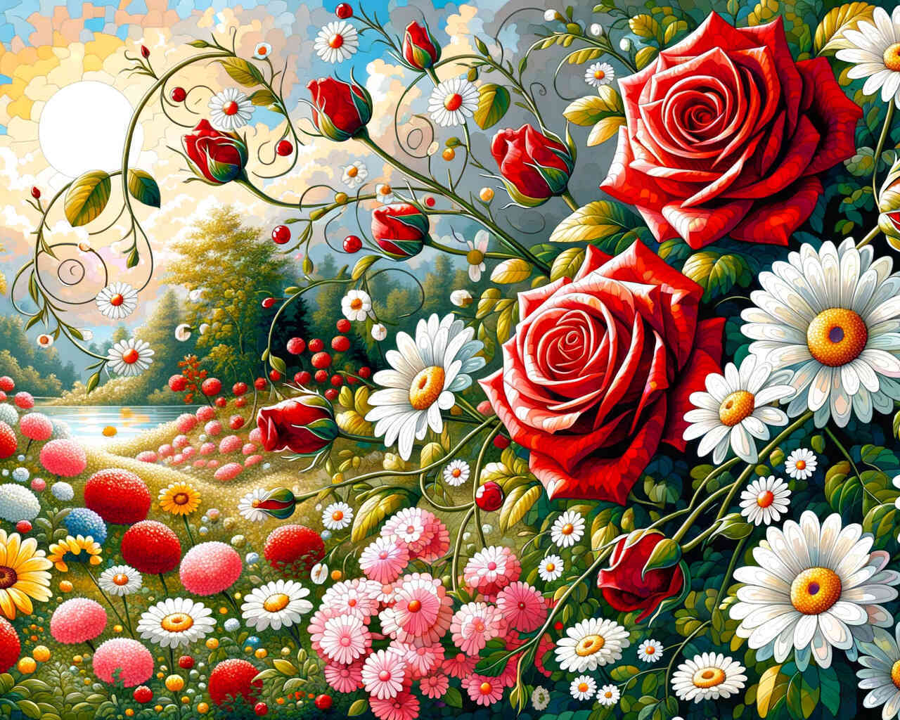 Diamond Painting - Rosen und Gänseblümchen