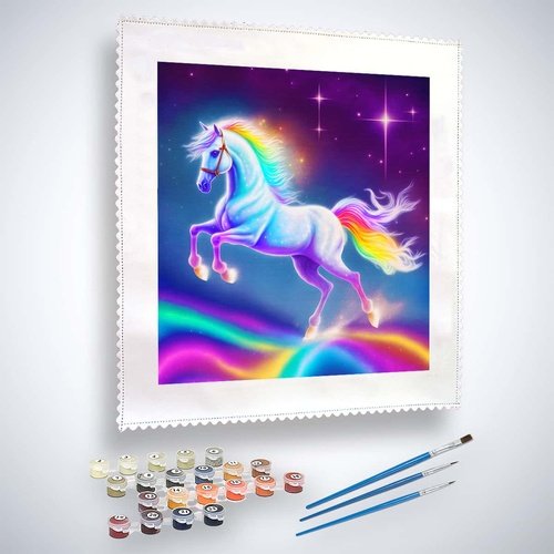 Malen nach Zahlen - Einhorn auf Regenbogen - hochwertige Leinwand - Einhorn, Märchen, MärchenNeu eingetroffen, Neu eingetroffen, Quadratisch, Regenbogen