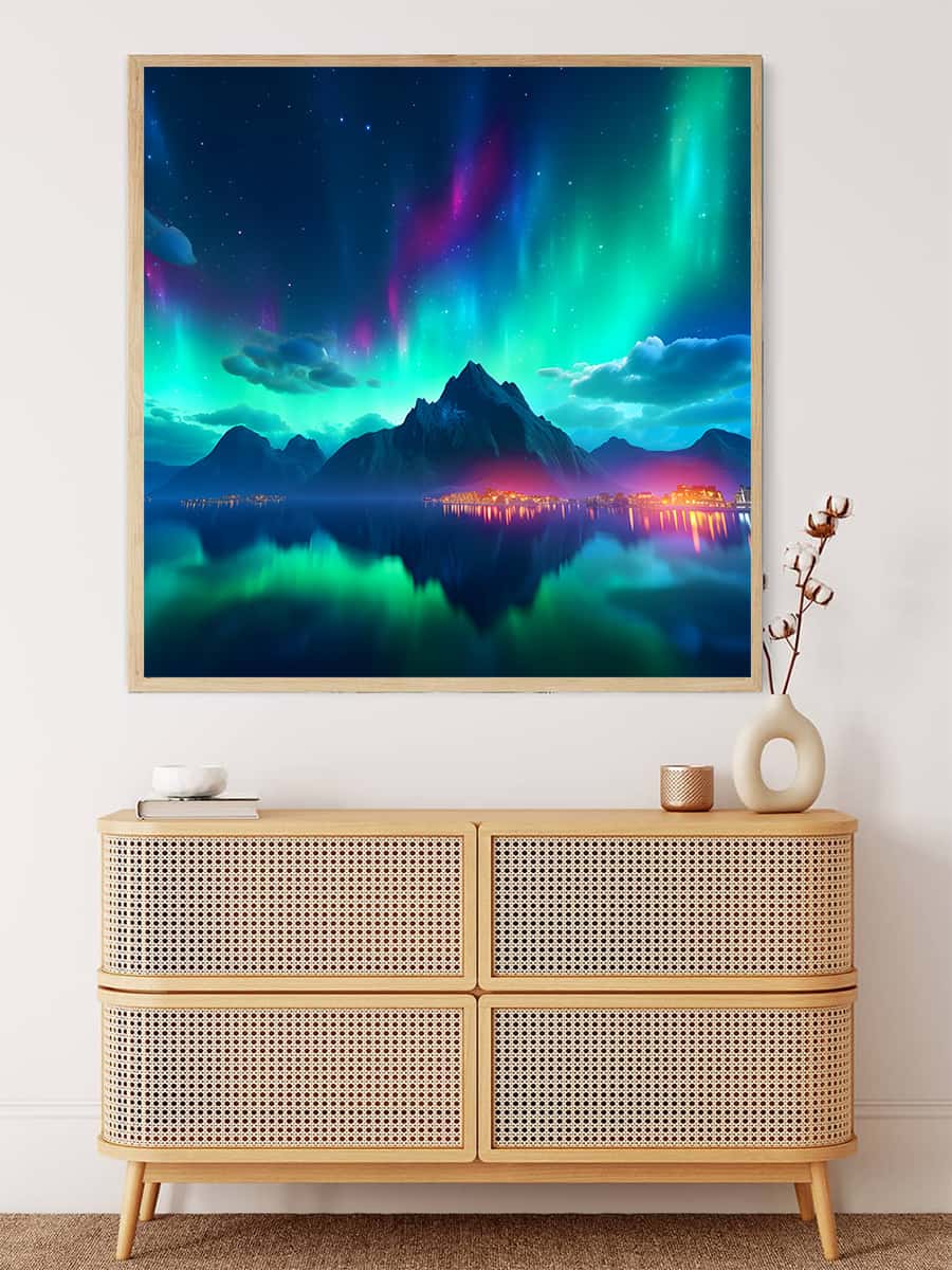 Malen nach Zahlen - Polarlichter mit leuchtender Stadt - hochwertige Leinwand - Aurora Borialis, Neu eingetroffen, Polarlichter, PolarlichterNeu eingetroffen, Quadratisch