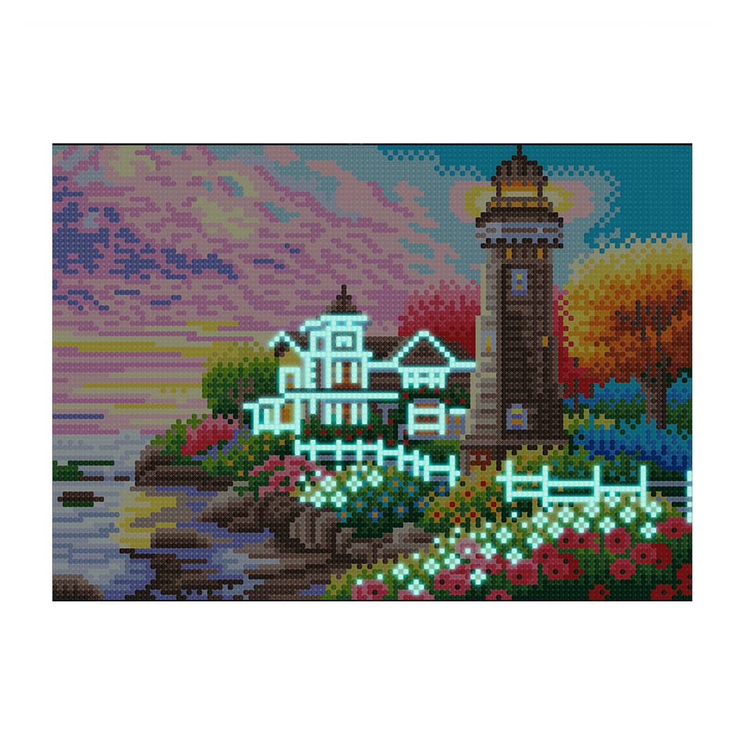Diamond Painting Nachtleuchtend - Bunte Leuchtturm Landschaft - gedruckt in Ultra-HD - horizontal, Landschaft, Leuchtturm, Meer, Nachtleuchtend