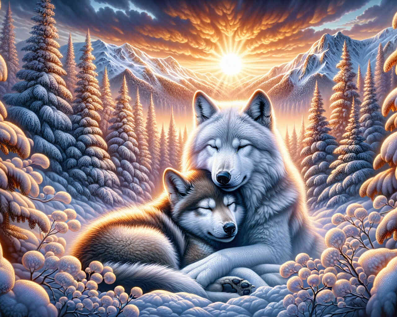 Diamond Painting - Wölfe kuscheln, Eltern und Kind