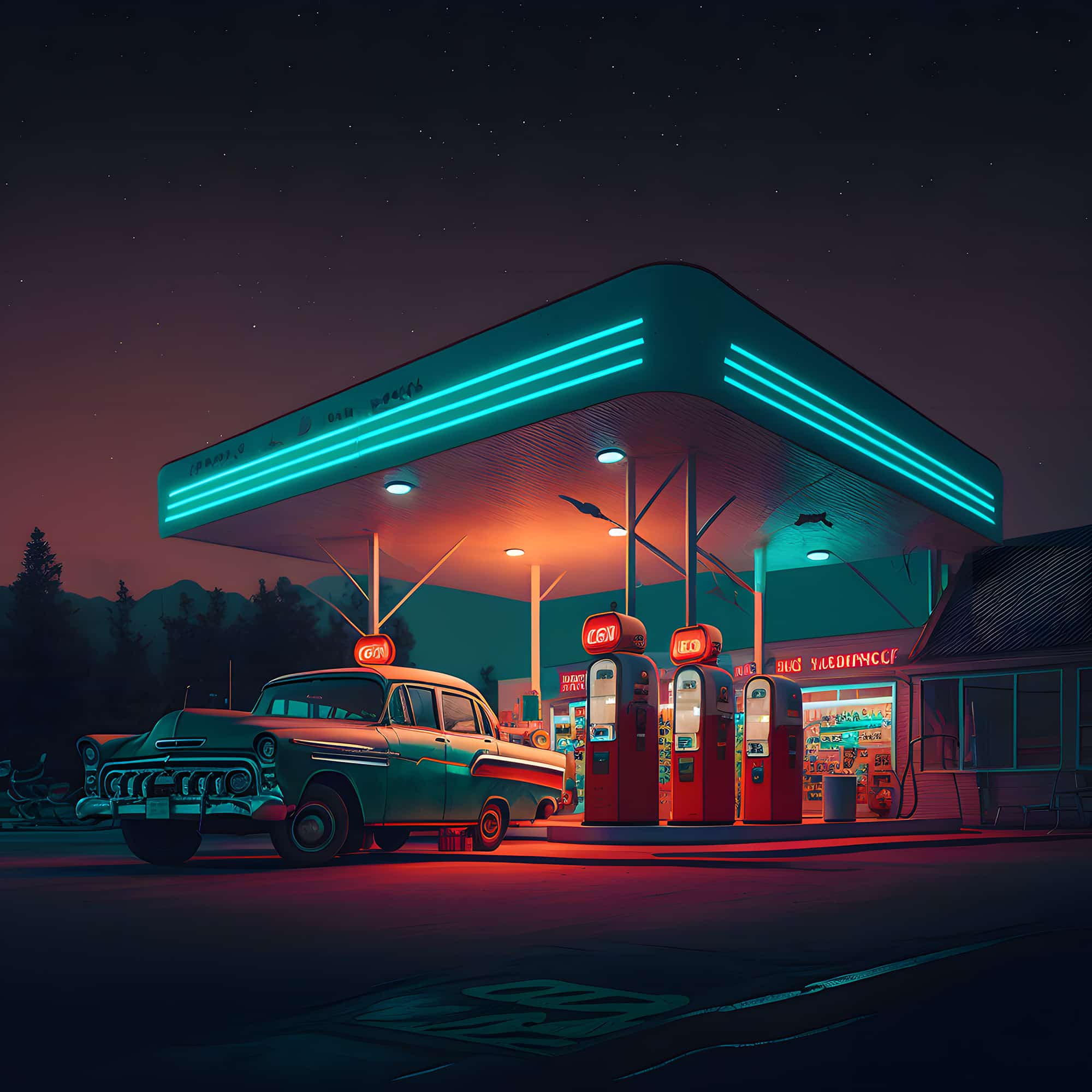 Malen nach Zahlen - Route 66 Tankstelle - hochwertige Leinwand - 170523, Landschaften, Neu eingetroffen, Quadratisch, Retro, Route 66