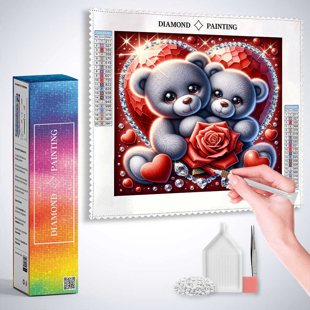 Diamond Painting - Teddypärchen Rose und Herz