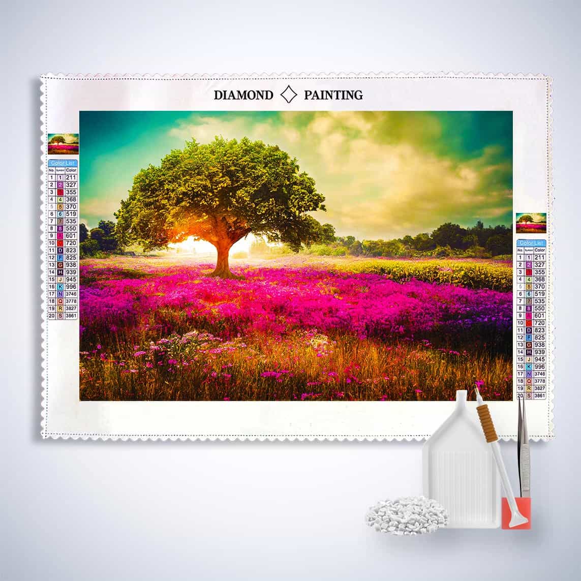 Diamond Painting - Beleuchteter Sonnenbaum - gedruckt in Ultra-HD - Baum, Horizontal, Landschaft, Sonnenuntergang