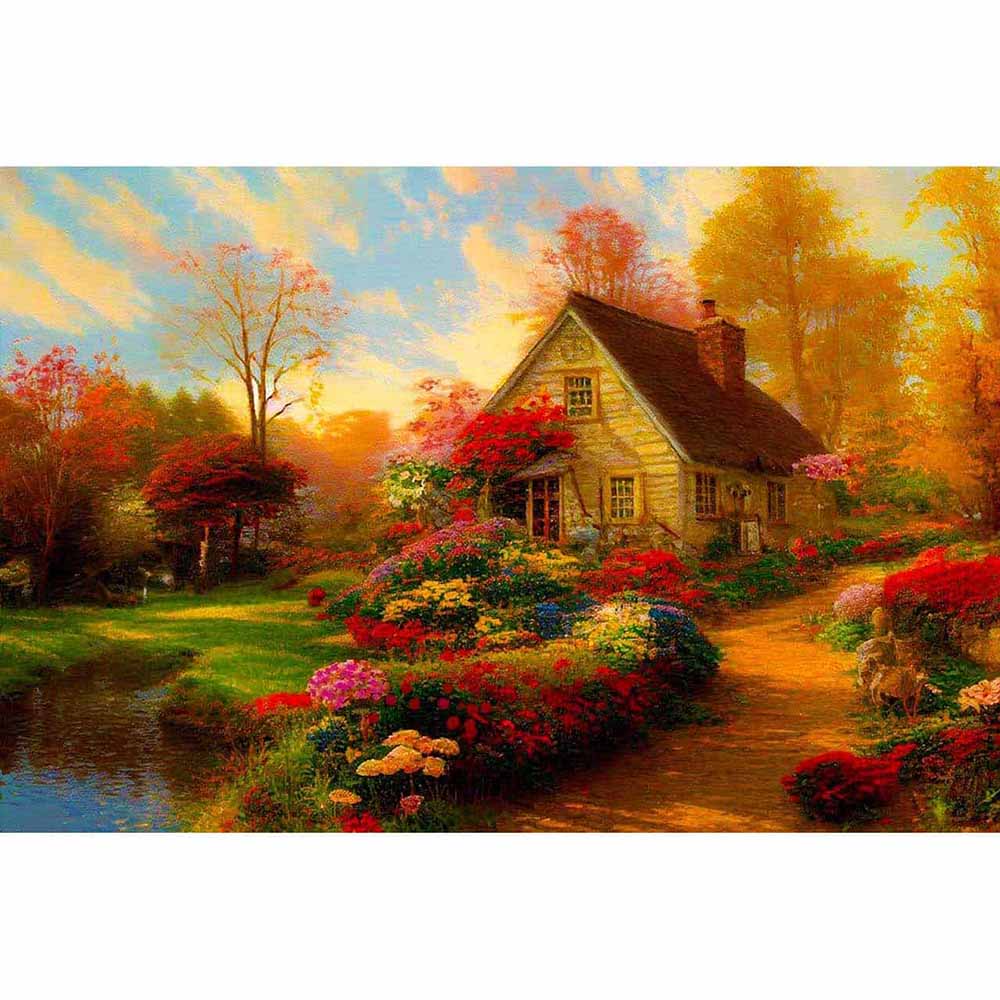 Diamond Painting - Blumenweg zum Haus am See - gedruckt in Ultra-HD - Blumen, Horizontal, Landschaft