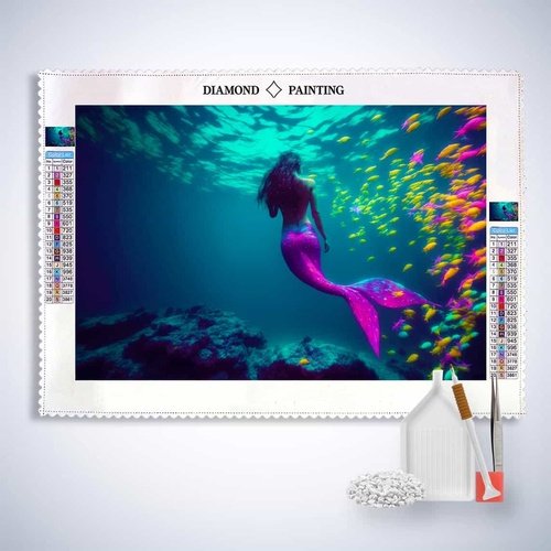 Diamond Painting - Meerjungfrau, Pinklila - gedruckt in Ultra-HD - Fantasy, Horizontal, Meerjungfrau