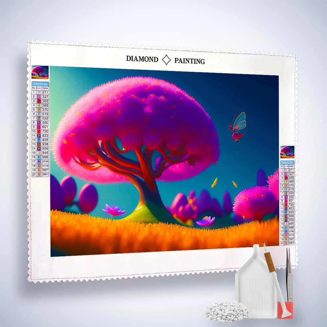 Diamond Painting - Pinker Baum im Feld - gedruckt in Ultra-HD - Fantasy, Horizontal, Landschaft